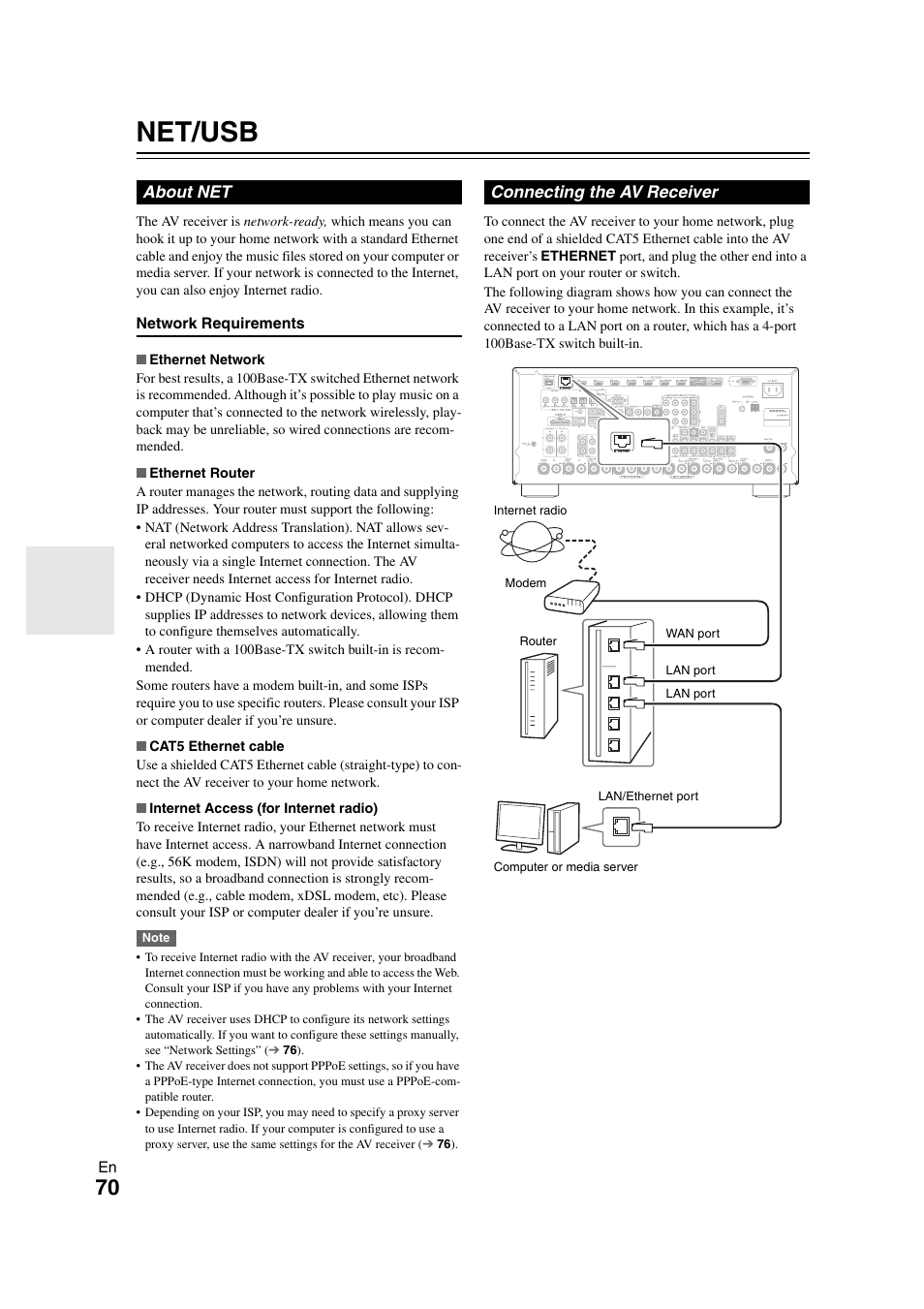 Net/usb, About net, Connecting the av receiver | About net connecting the av receiver | Onkyo TX-NR3008 User Manual | Page 70 / 116