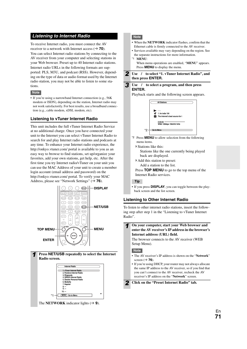 Listening to internet radio | Onkyo TX-NR3008 User Manual | Page 71 / 116
