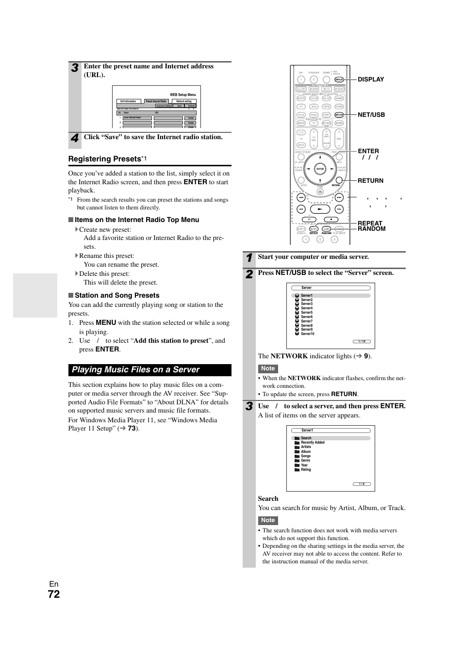 Playing music files on a server | Onkyo TX-NR3008 User Manual | Page 72 / 116