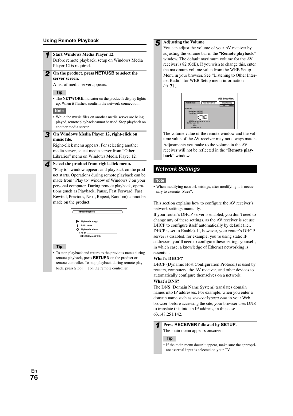 Network settings, En using remote playback | Onkyo TX-NR3008 User Manual | Page 76 / 116