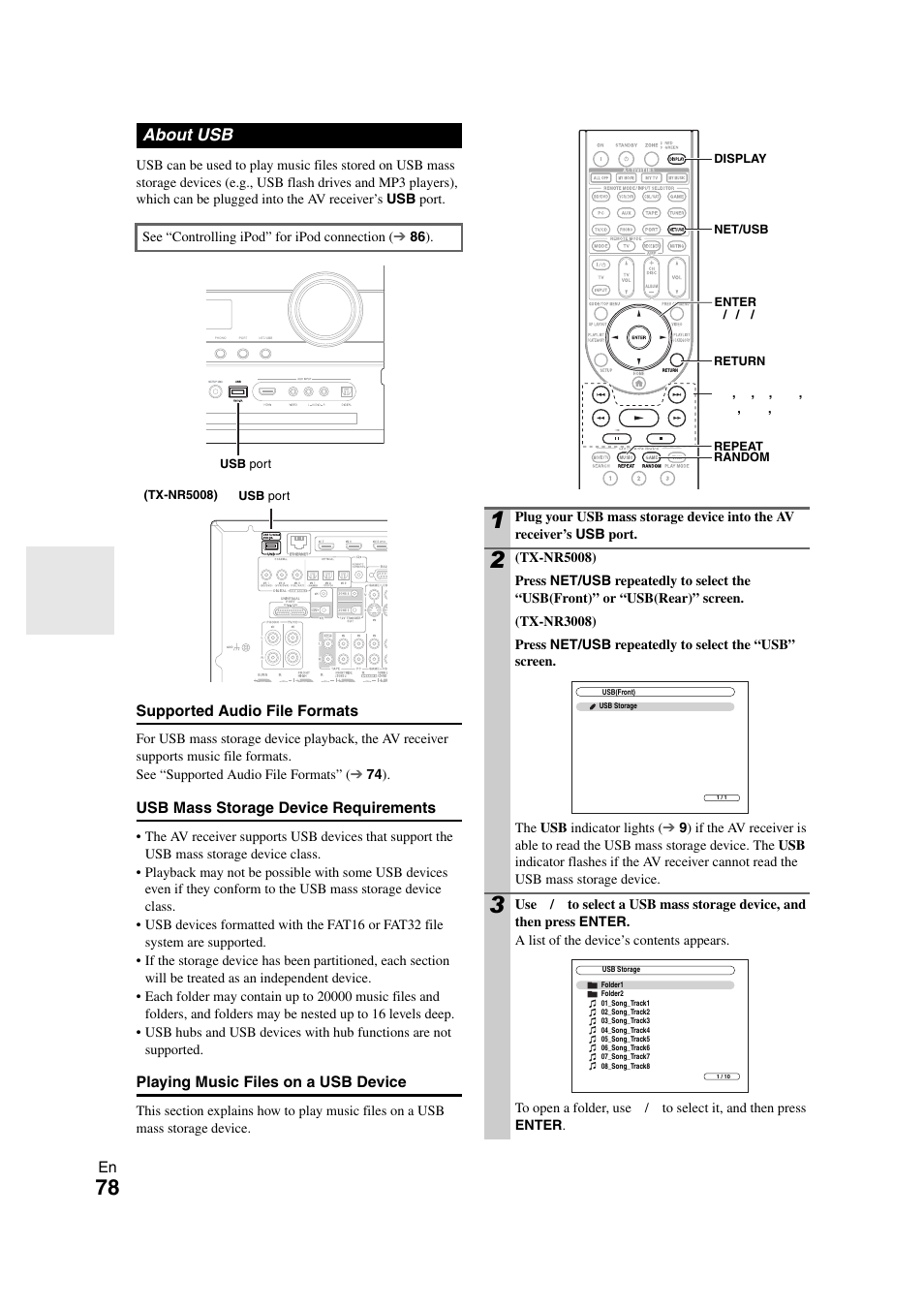 About usb | Onkyo TX-NR3008 User Manual | Page 78 / 116