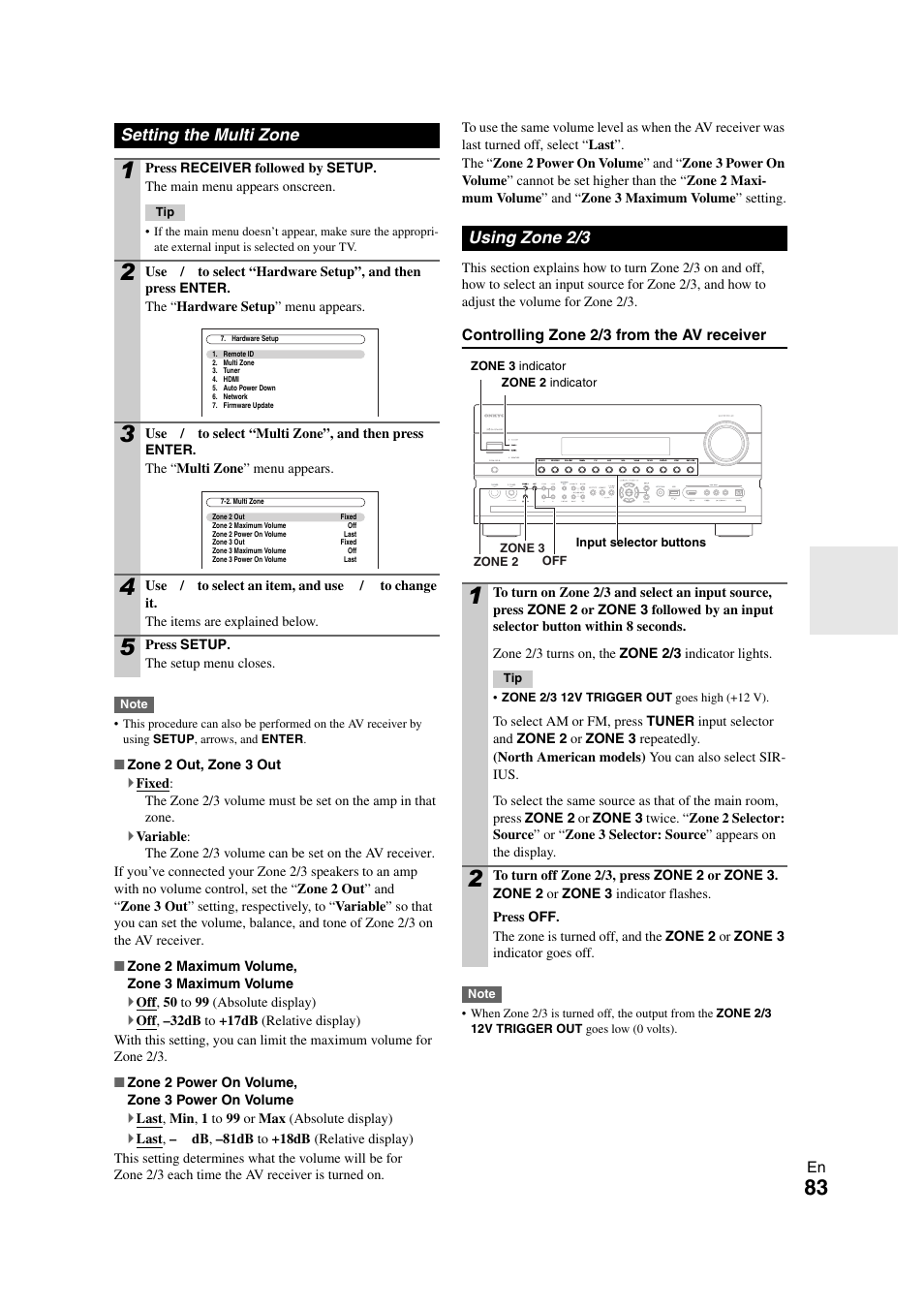 Setting the multi zone, Using zone 2/3, Setting the multi zone using zone 2/3 | E “setting the multi zone | Onkyo TX-NR3008 User Manual | Page 83 / 116