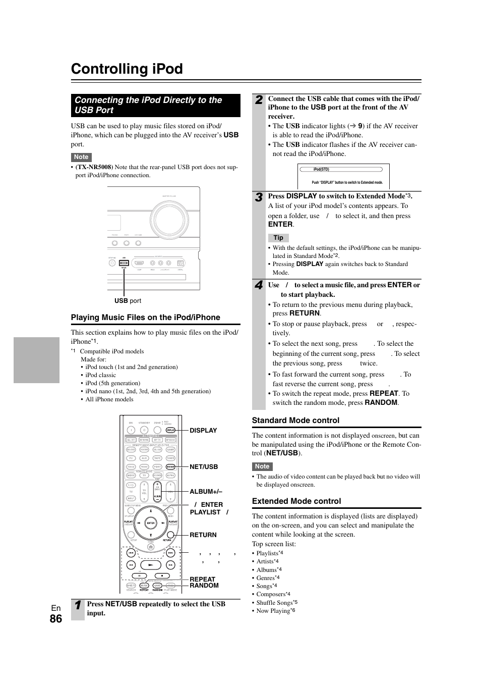 Controlling ipod & other components, Controlling ipod, Connecting the ipod directly to the usb port | Controlling ipod & other, Components, See “controlling ipod | Onkyo TX-NR3008 User Manual | Page 86 / 116