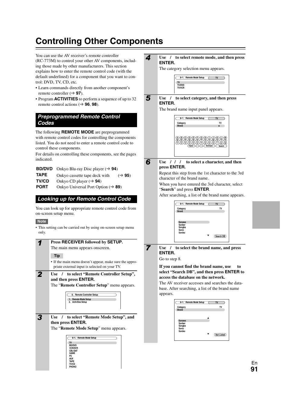 Controlling other components, Preprogrammed remote control codes, Looking up for remote control code | Onkyo TX-NR3008 User Manual | Page 91 / 116