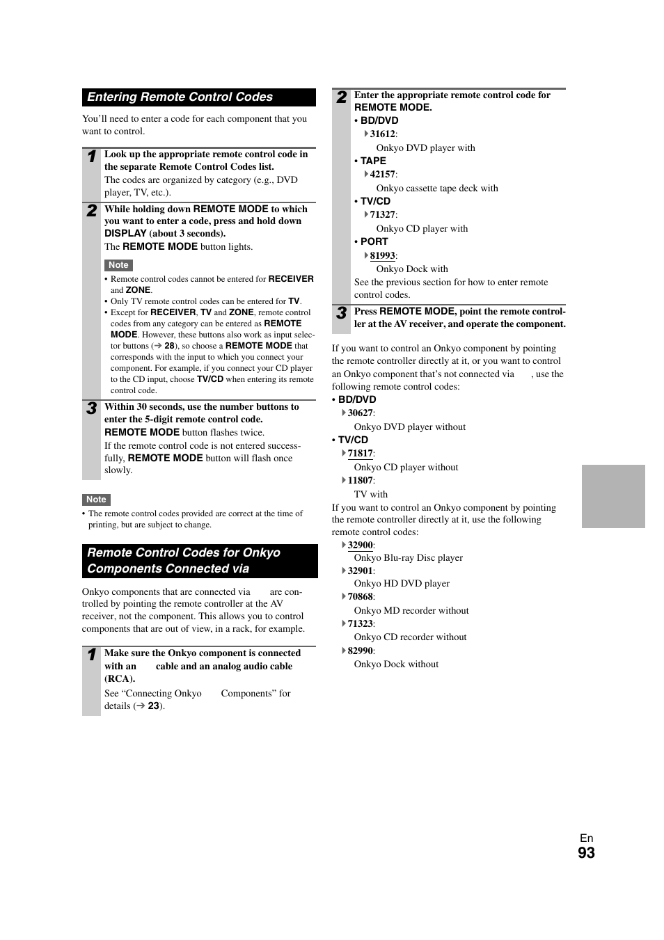 Entering remote control codes, Onkyo components connected via, E “entering remote control codes” f | See “entering remote control codes | Onkyo TX-NR3008 User Manual | Page 93 / 116