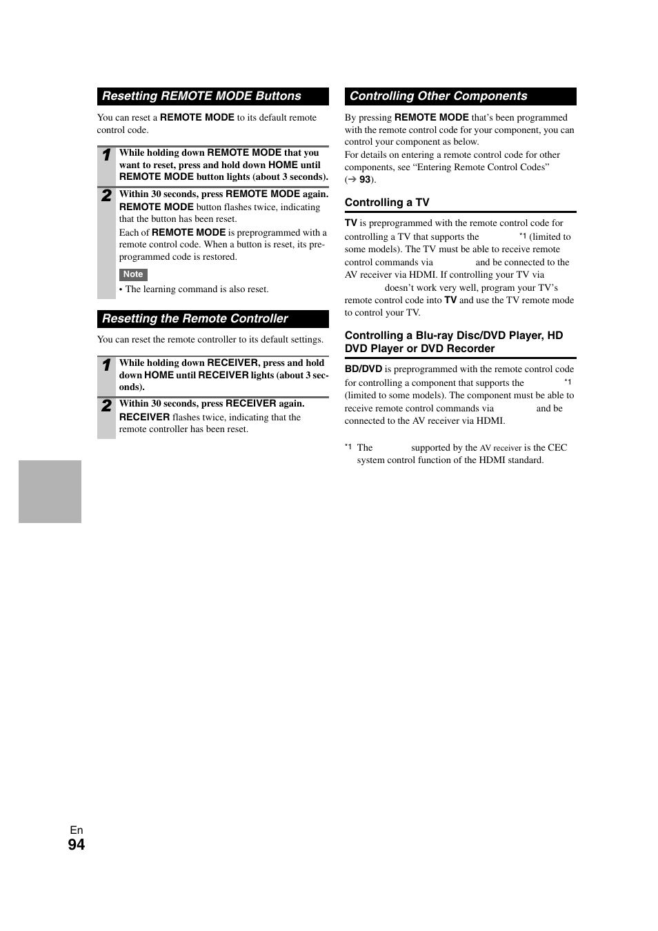 Resetting remote mode buttons, Resetting the remote controller, Controlling other components | Onkyo TX-NR3008 User Manual | Page 94 / 116