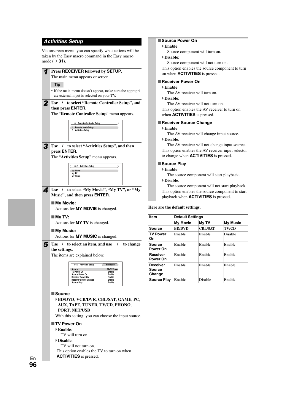 Activities setup | Onkyo TX-NR3008 User Manual | Page 96 / 116