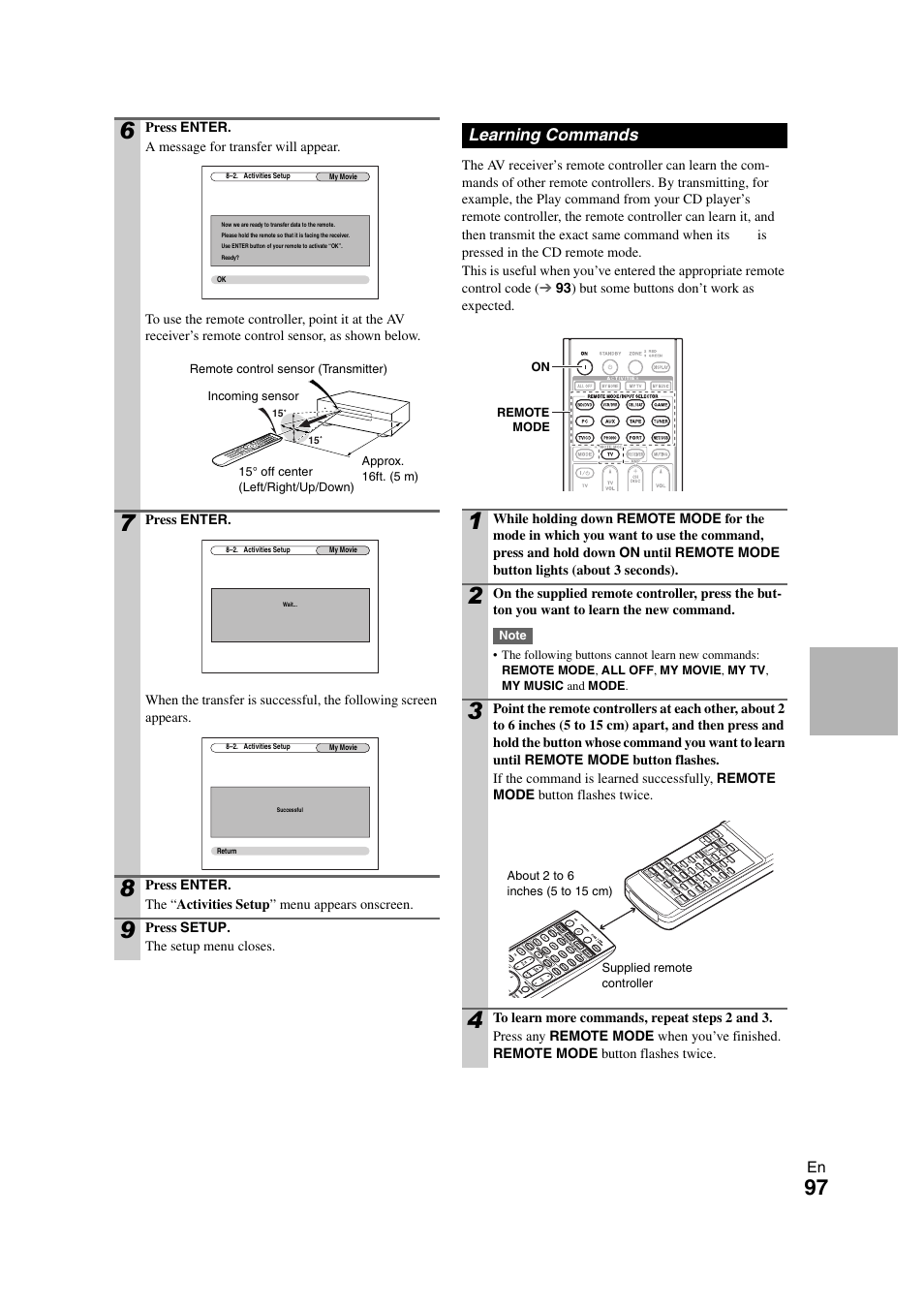 Learning commands, Press setup. the setup menu closes | Onkyo TX-NR3008 User Manual | Page 97 / 116