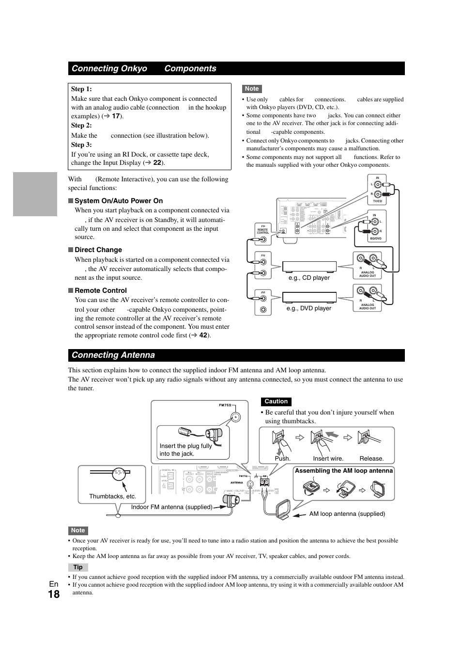 Connecting onkyo components, Connecting antenna | Onkyo AVX-280 User Manual | Page 18 / 56