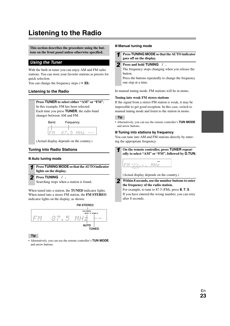 Listening to the radio, Tton | Onkyo AVX-280 User Manual | Page 23 / 56