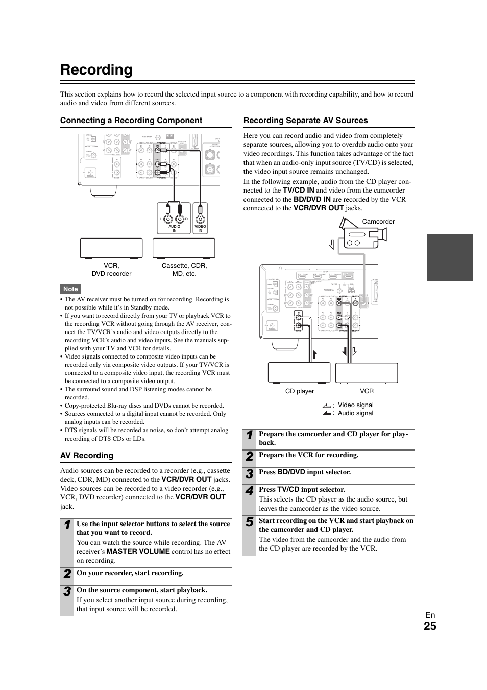 Recording, Cording | Onkyo AVX-280 User Manual | Page 25 / 56