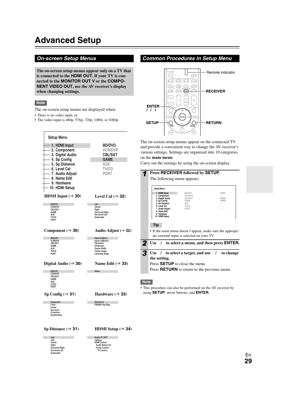 Advanced operations, Advanced setup, E “advanced setup | On-screen setup menus, Common procedures in setup menu | Onkyo AVX-280 User Manual | Page 29 / 56