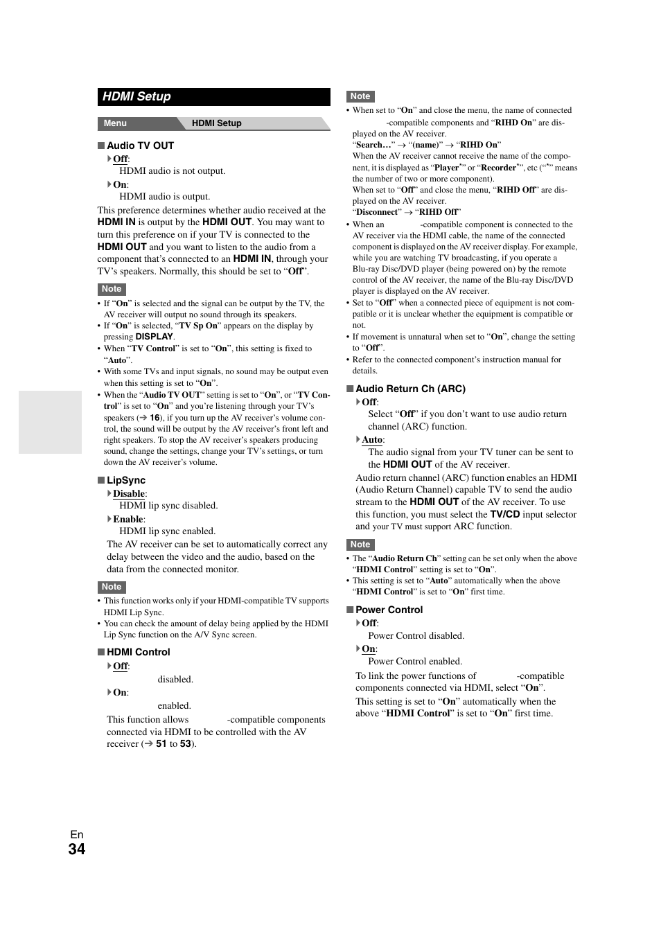 Hdmi setup | Onkyo AVX-280 User Manual | Page 34 / 56