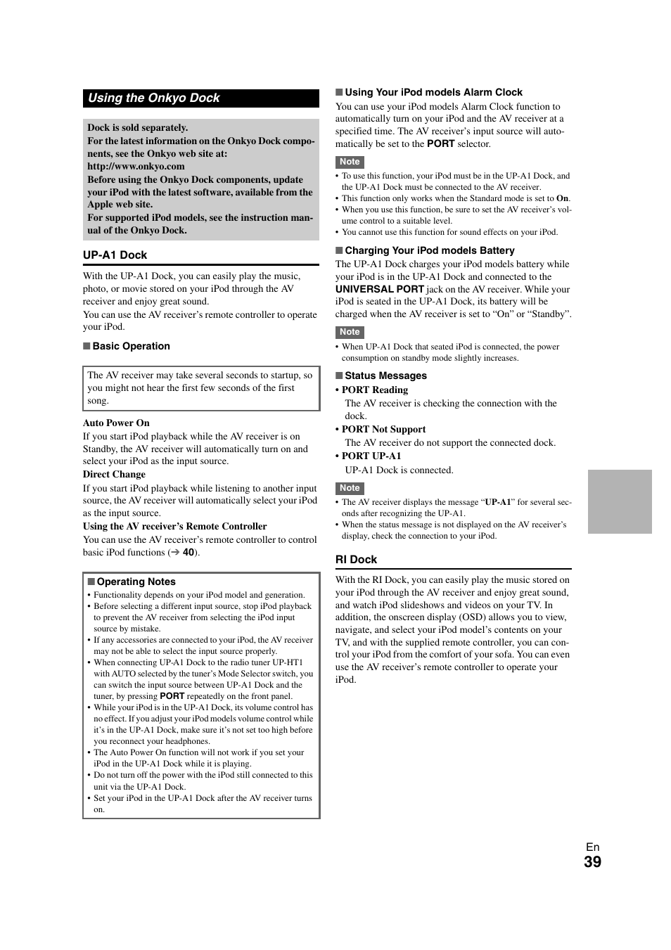 Using the onkyo dock | Onkyo AVX-280 User Manual | Page 39 / 56
