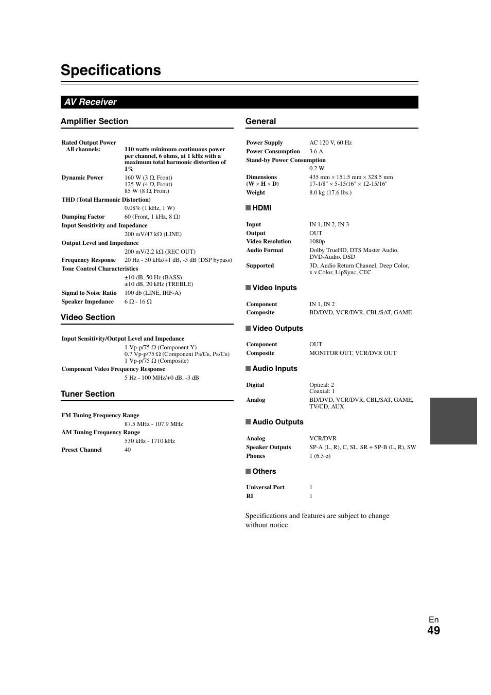 Specifications, Av receiver | Onkyo AVX-280 User Manual | Page 49 / 56