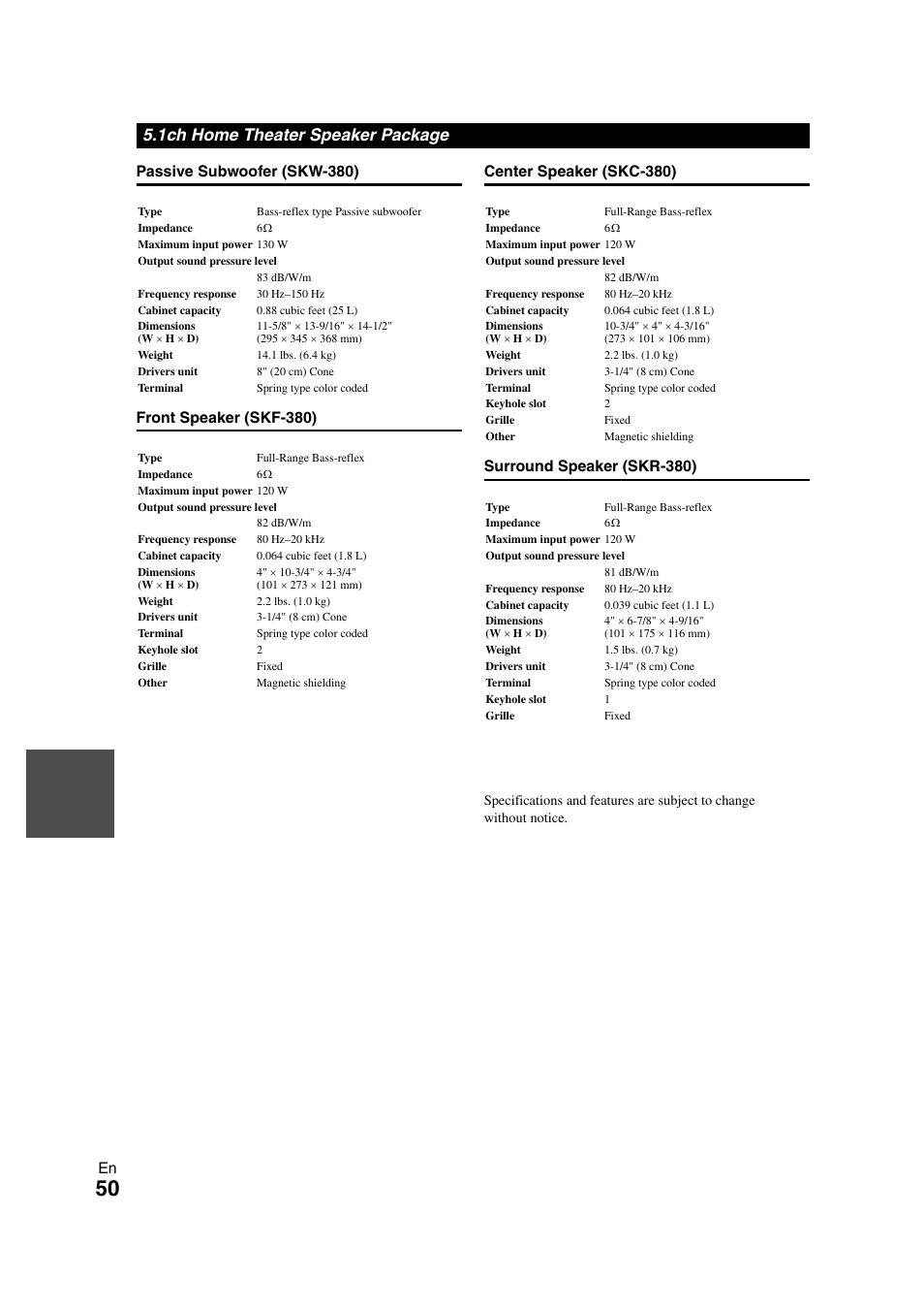 1ch home theater speaker package | Onkyo AVX-280 User Manual | Page 50 / 56