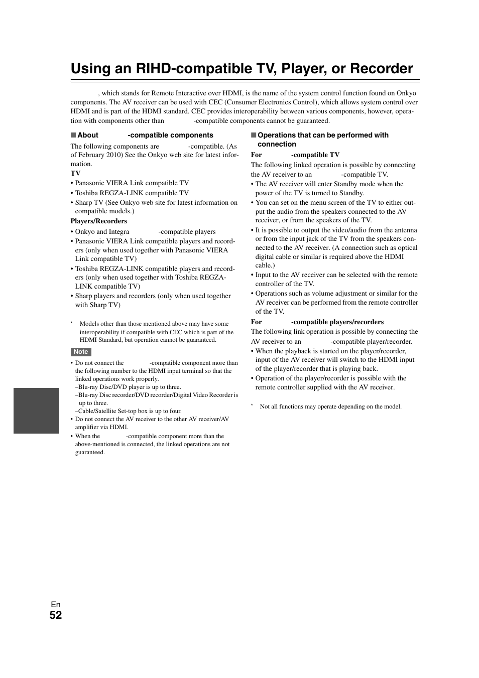 Using an rihd-compatible tv, player, or recorder | Onkyo AVX-280 User Manual | Page 52 / 56