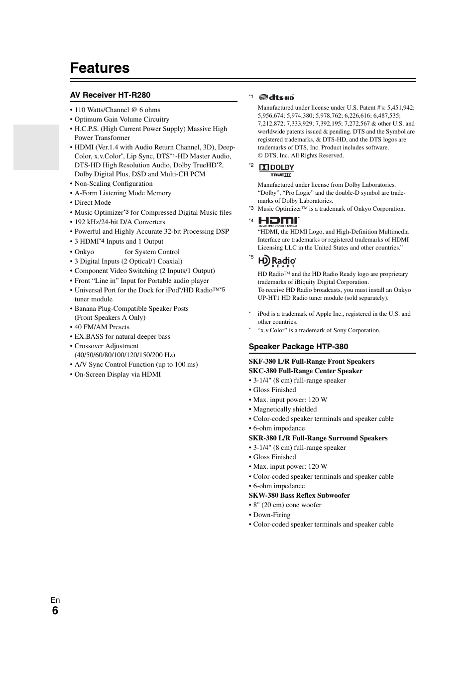 Features | Onkyo AVX-280 User Manual | Page 6 / 56