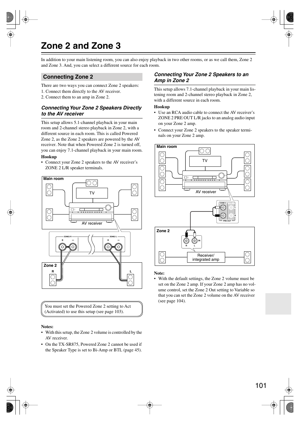 Zone2 and zone3, Connecting zone2, Zone 2 and zone 3 | Connecting zone 2 | Onkyo TX SR805 User Manual | Page 101 / 120