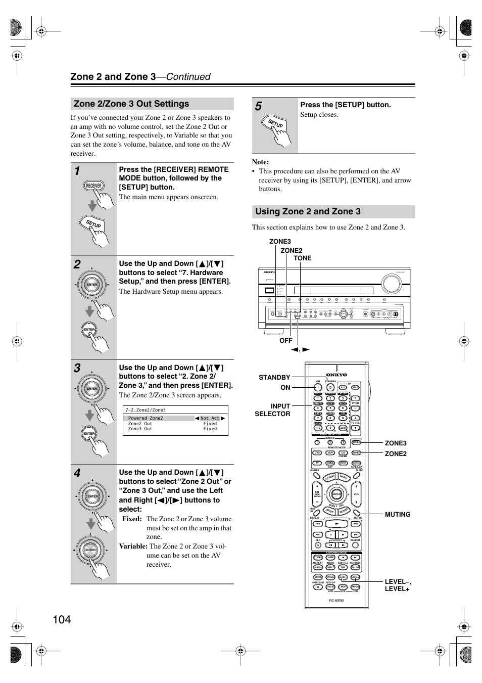 Zone2/zone3 out settings, Using zone 2 and zone3, Zone 2/zone 3 out settings using zone 2 and zone 3 | Zone 2 and zone 3 —continued, Zone 2/zone 3 out settings, Using zone 2 and zone 3, Press the [setup] button. setup closes | Onkyo TX SR805 User Manual | Page 104 / 120