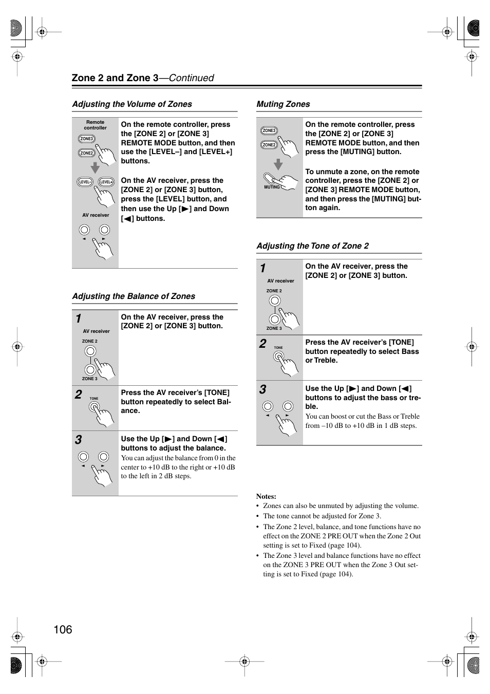 Utton (106), Zone 2 and zone 3 —continued | Onkyo TX SR805 User Manual | Page 106 / 120