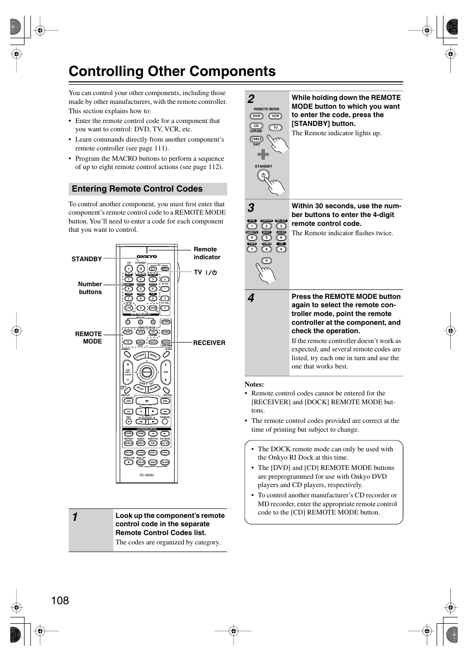 Controlling other components, Entering remote control codes | Onkyo TX SR805 User Manual | Page 108 / 120
