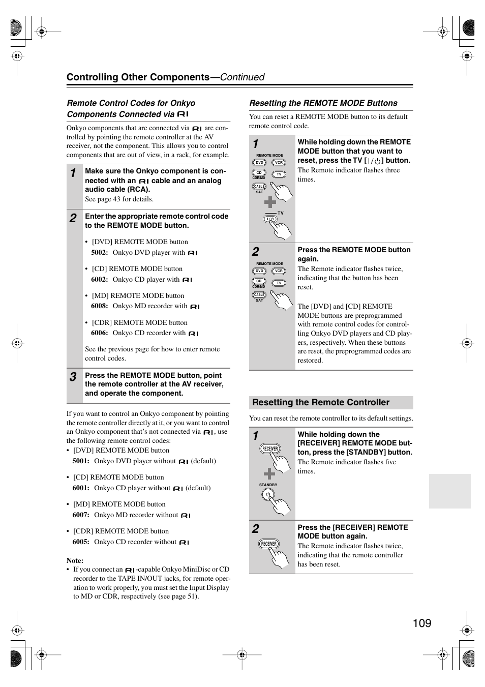 Resetting the remote controller, Controlling other components —continued | Onkyo TX SR805 User Manual | Page 109 / 120