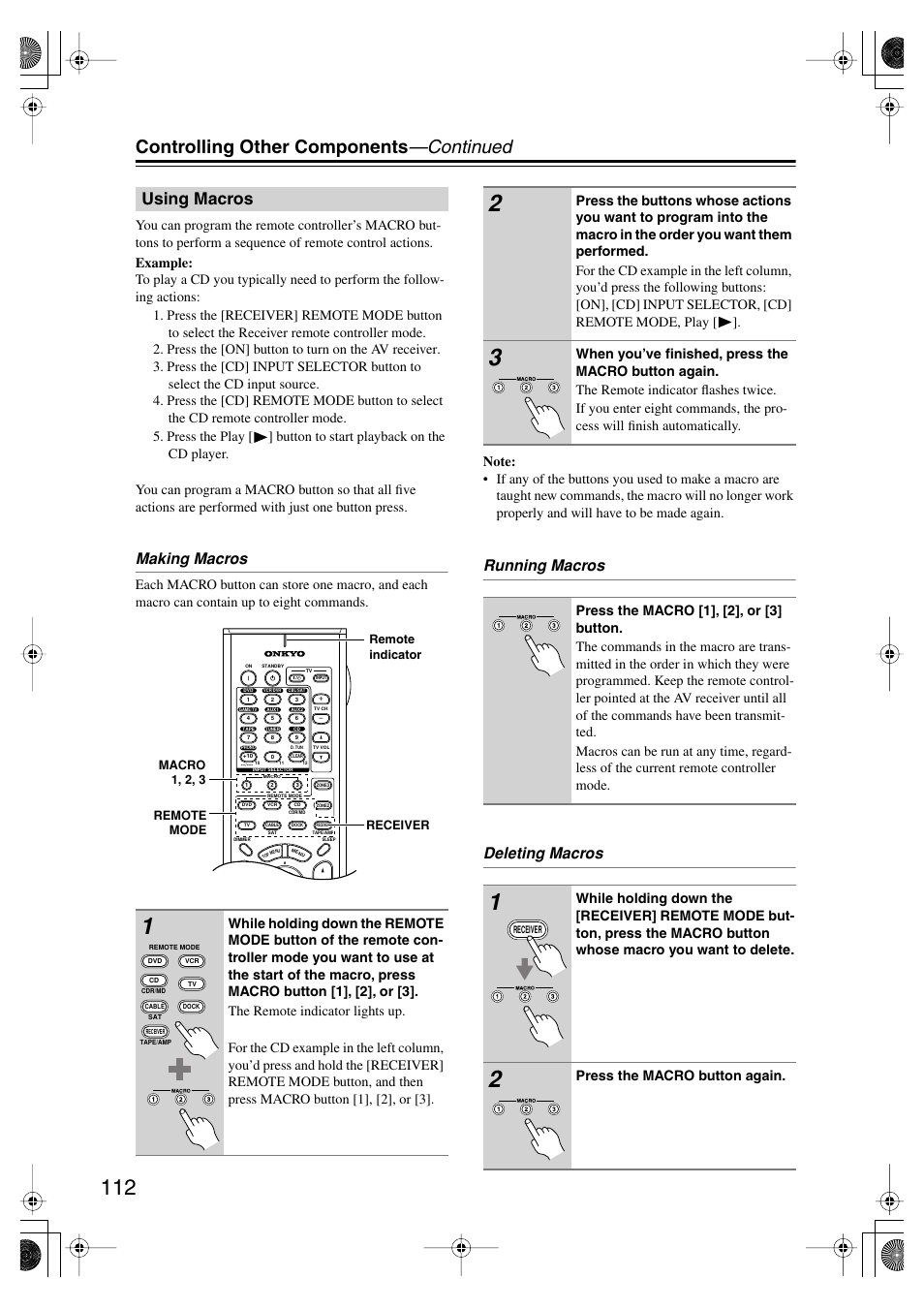 Using macros, Uttons (112), Controlling other components —continued | Making macros, Running macros deleting macros, Press the macro button again | Onkyo TX SR805 User Manual | Page 112 / 120