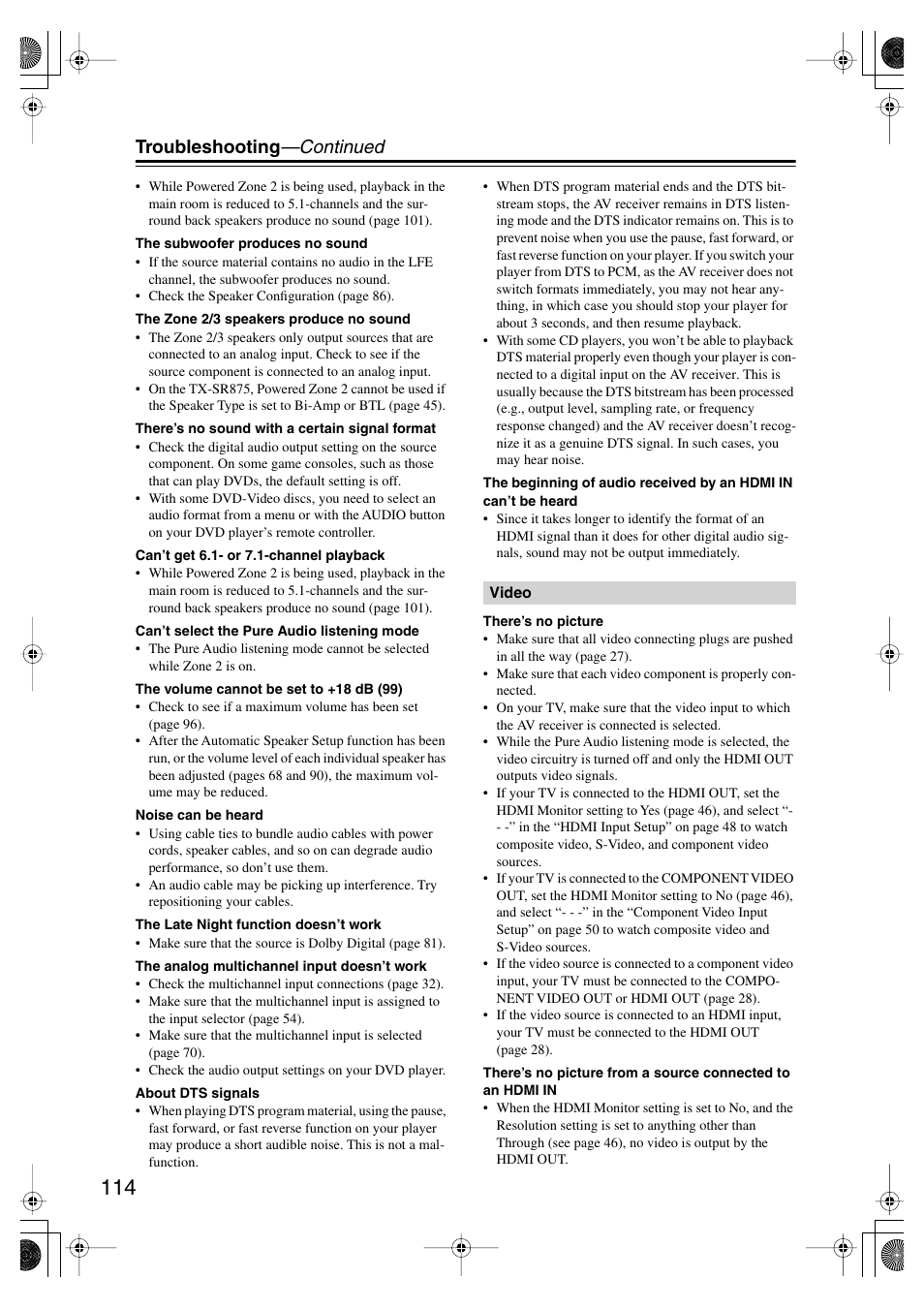 Troubleshooting —continued | Onkyo TX SR805 User Manual | Page 114 / 120