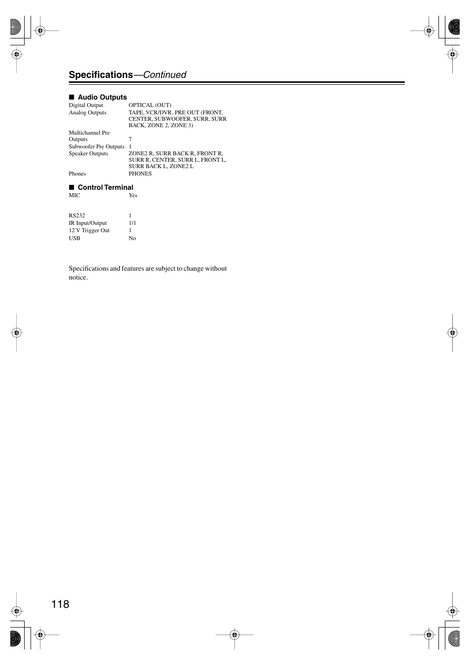 Specifications —continued | Onkyo TX SR805 User Manual | Page 118 / 120