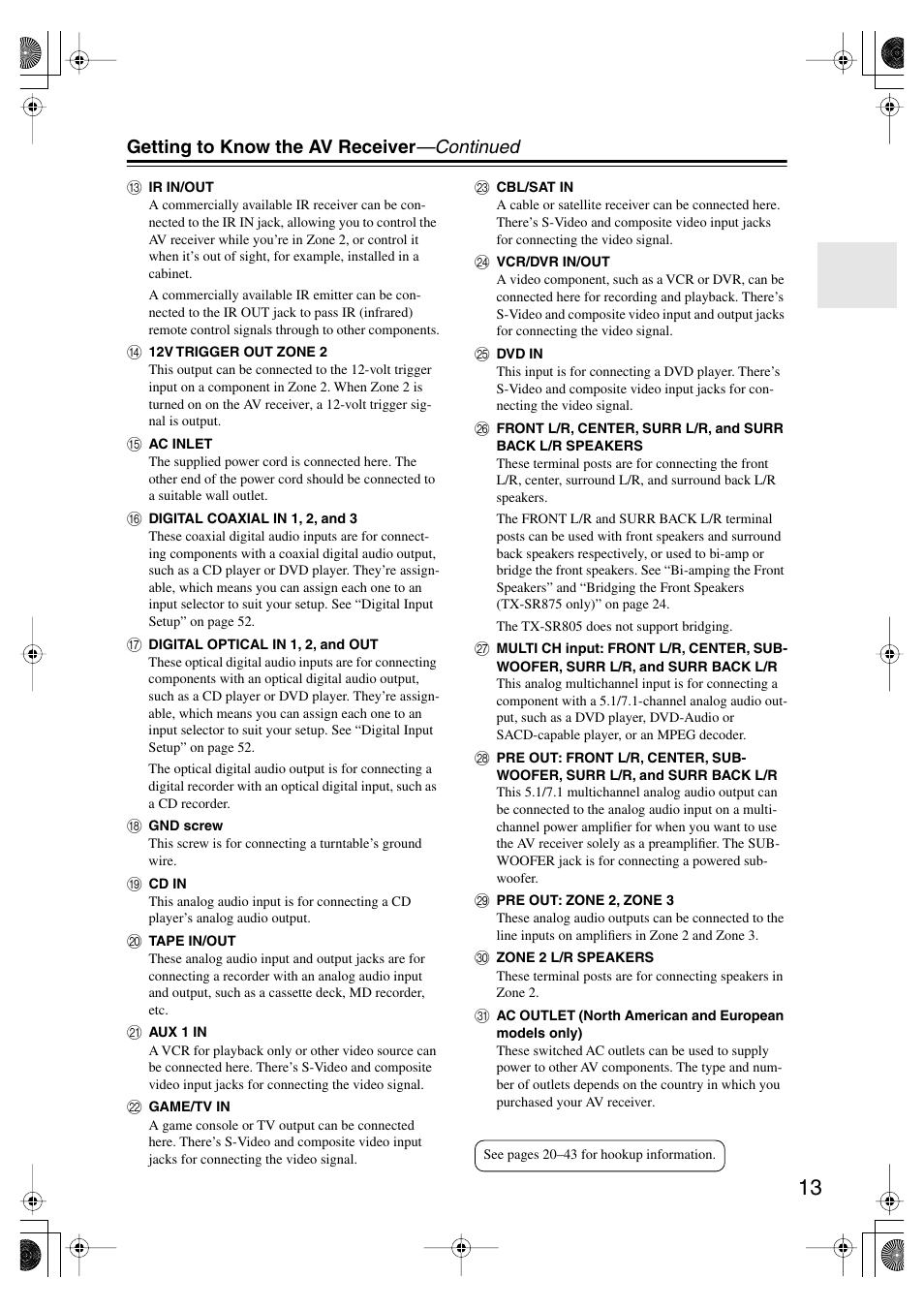 Getting to know the av receiver —continued | Onkyo TX SR805 User Manual | Page 13 / 120