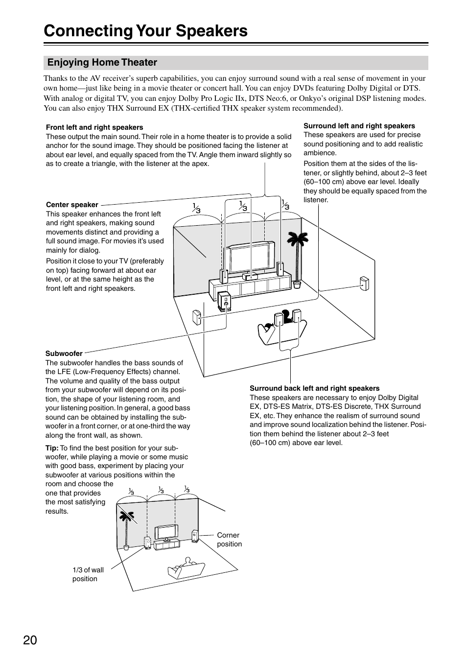 Connecting your speakers, Enjoying home theater, Connection | Onkyo TX SR805 User Manual | Page 20 / 120