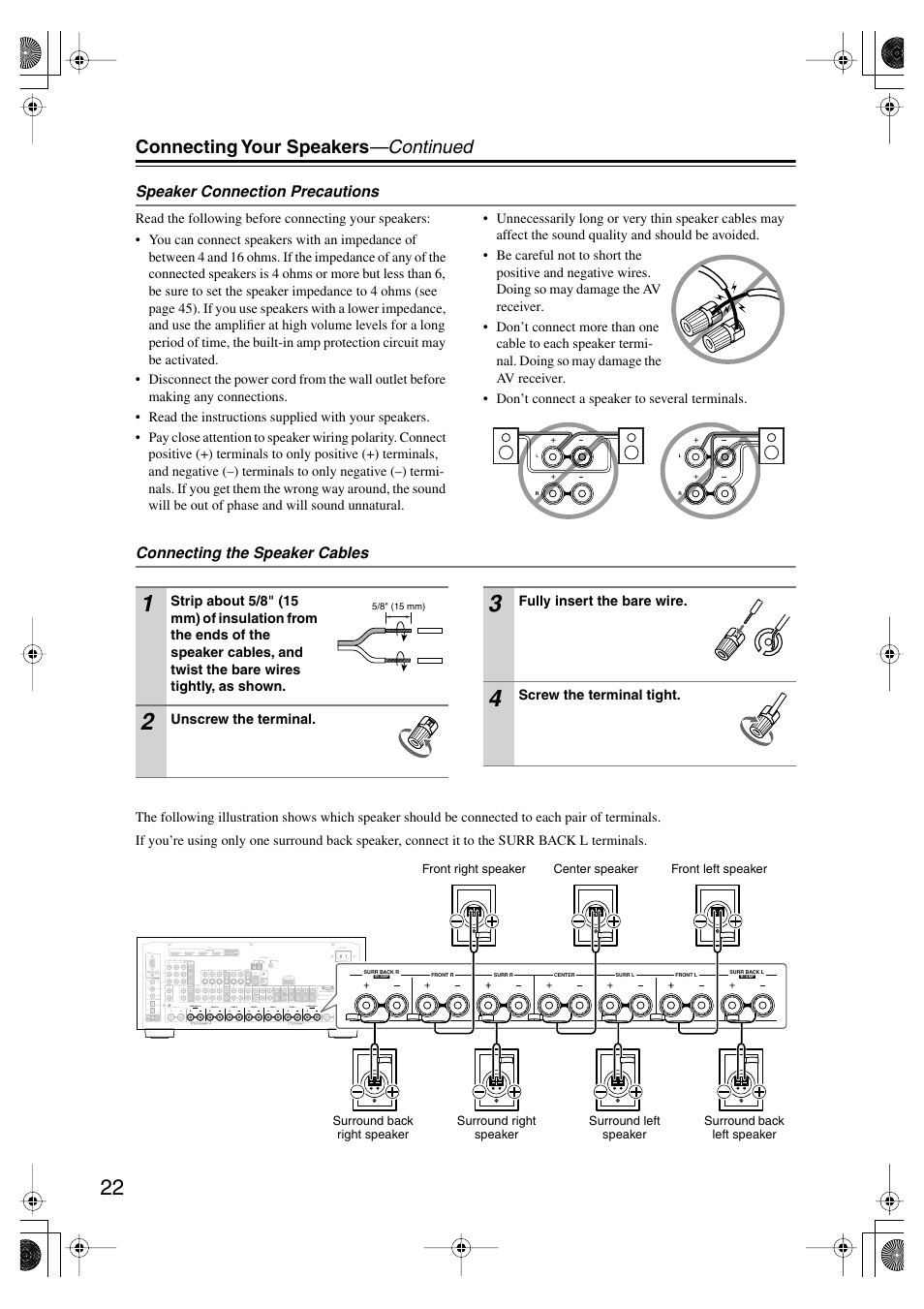 Connecting your speakers —continued | Onkyo TX SR805 User Manual | Page 22 / 120