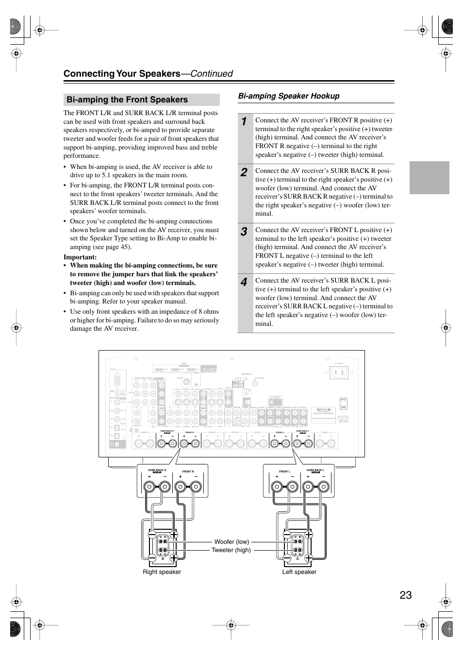Bi-amping the front speakers, Connecting your speakers —continued, Bi-amping speaker hookup | Onkyo TX SR805 User Manual | Page 23 / 120