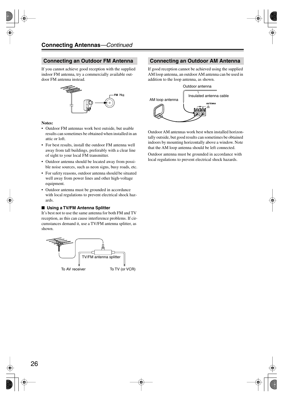 Connecting an outdoor fm antenna, Connecting an outdoor am antenna, Connecting antennas —continued | Onkyo TX SR805 User Manual | Page 26 / 120