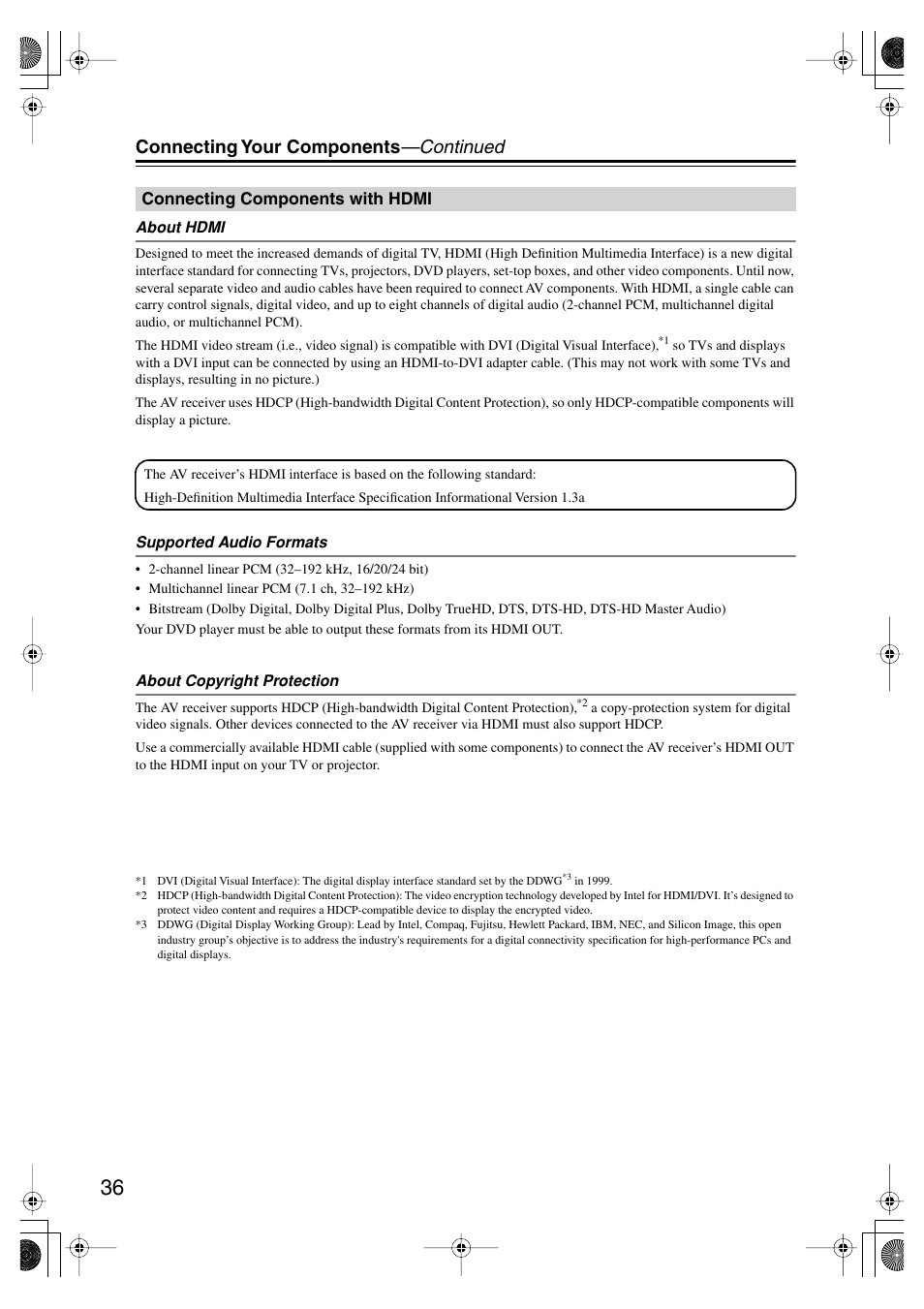 Connecting components with hdmi, Connecting your components —continued | Onkyo TX SR805 User Manual | Page 36 / 120