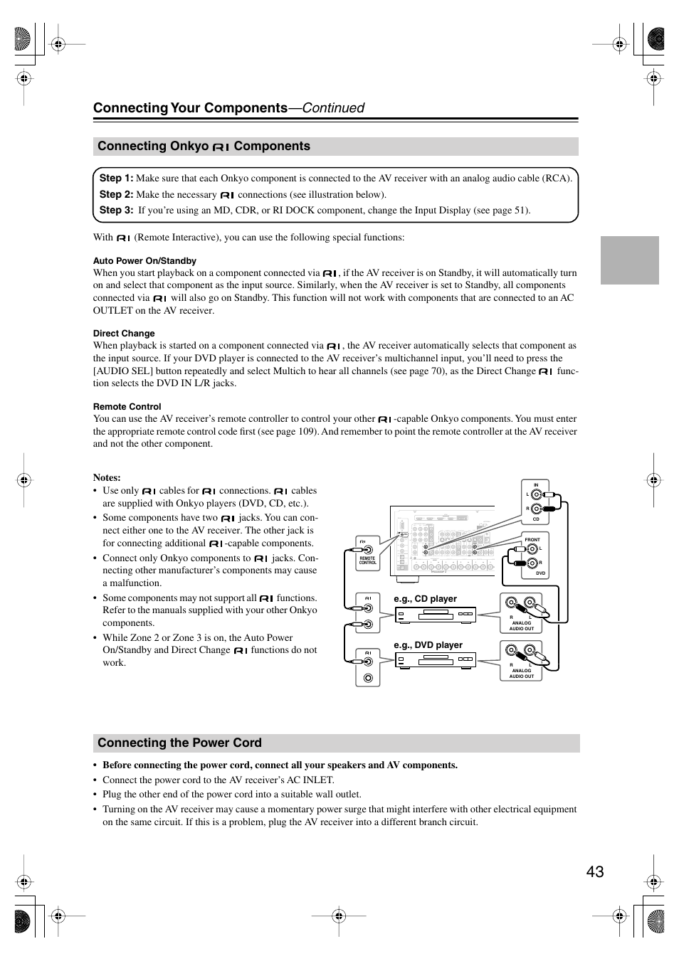 Connecting onkyo components, Connecting the power cord, Connecting onkyo | Components, Connecting your components —continued | Onkyo TX SR805 User Manual | Page 43 / 120