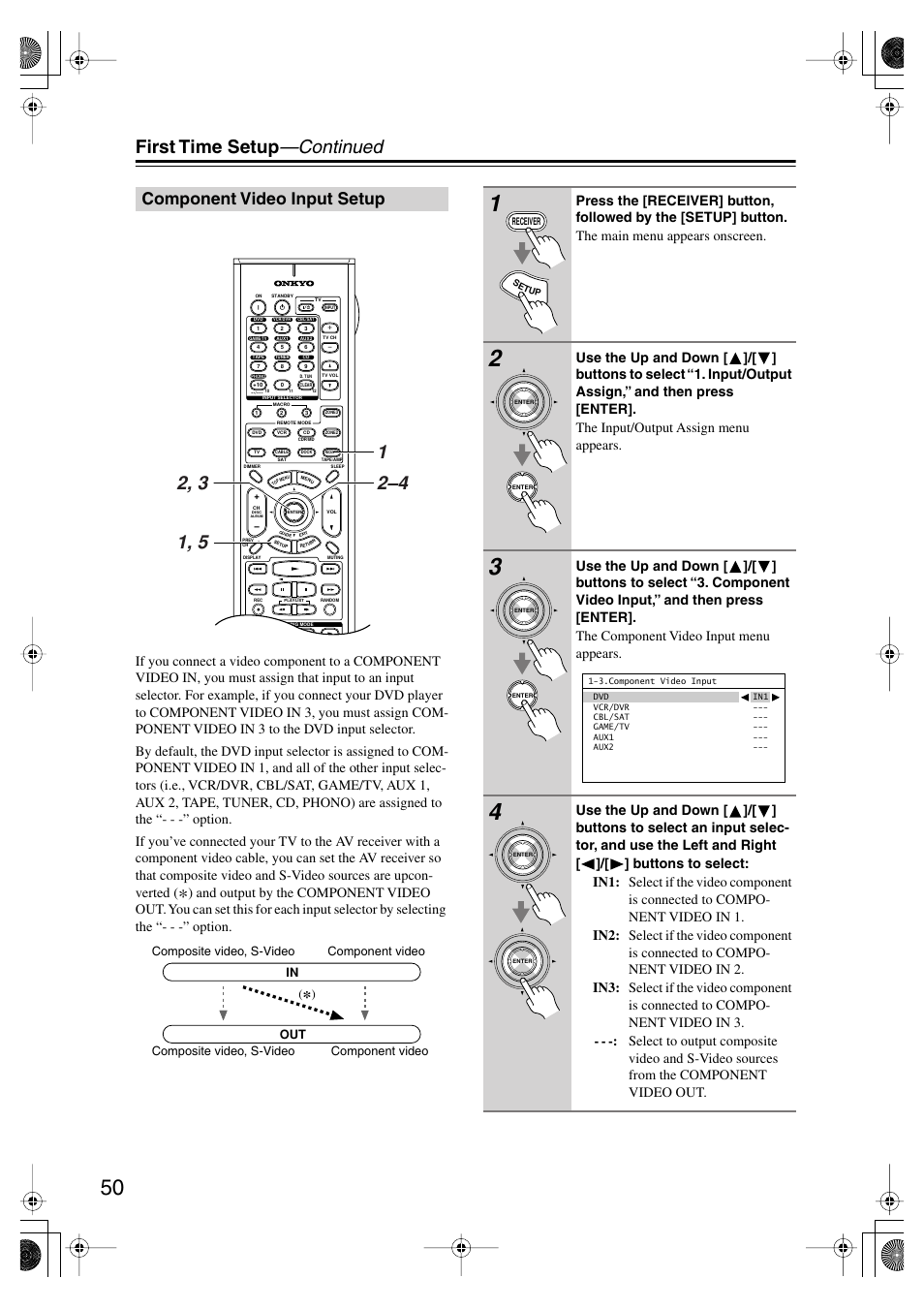 Component video input setup, First time setup —continued | Onkyo TX SR805 User Manual | Page 50 / 120