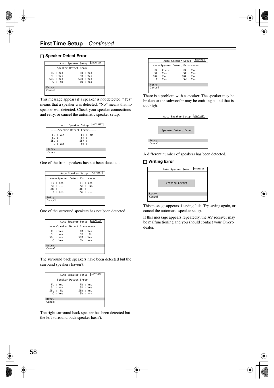 First time setup —continued | Onkyo TX SR805 User Manual | Page 58 / 120