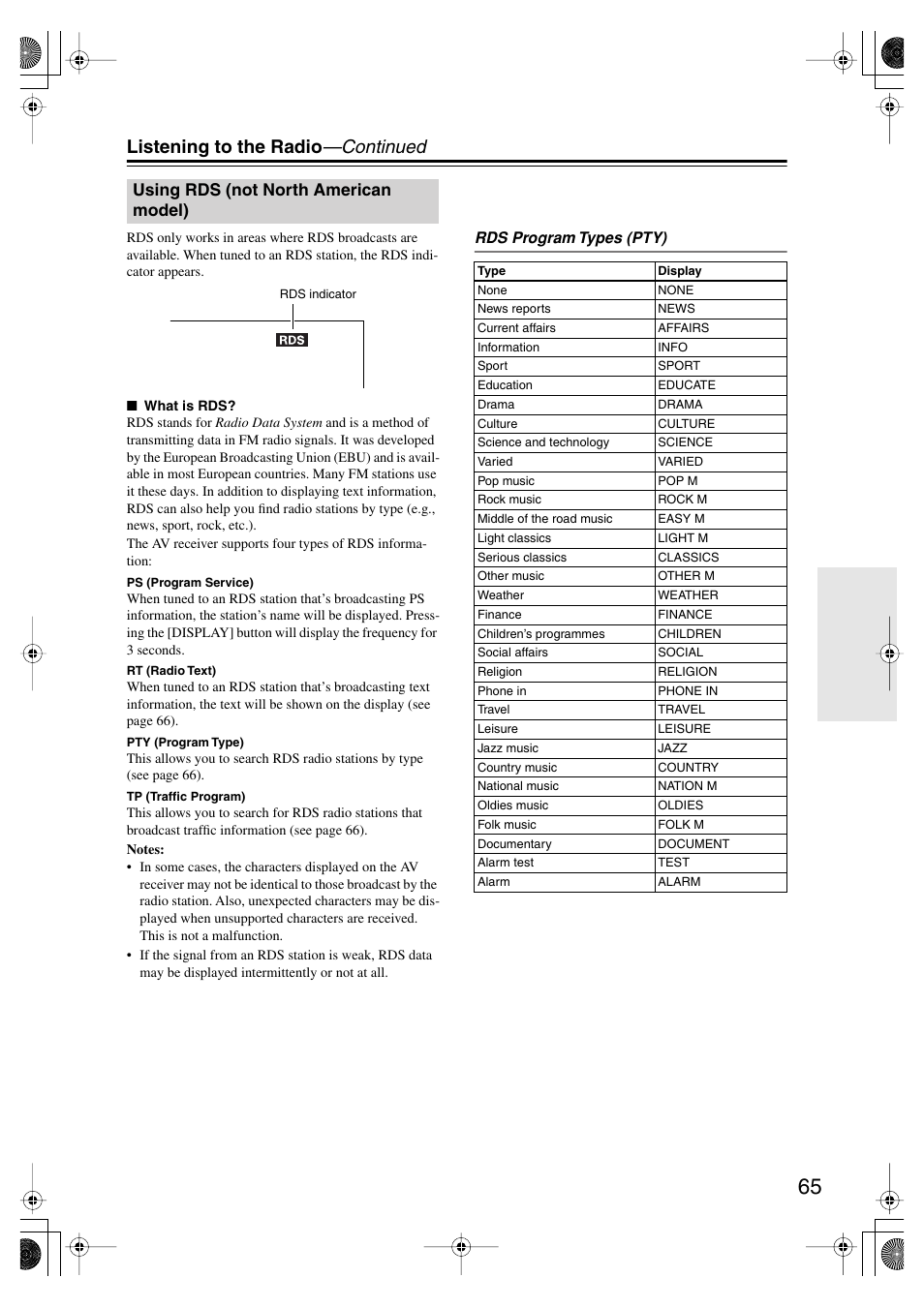 Using rds (not north american model), Th american model) (65), Listening to the radio —continued | Onkyo TX SR805 User Manual | Page 65 / 120