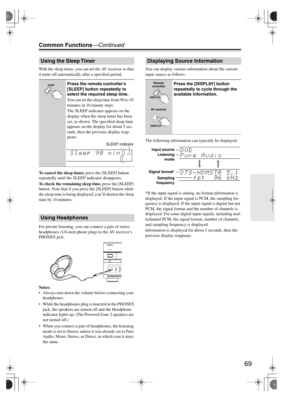 Using the sleep timer, Using headphones, Displaying source information | Utton (69), K (69), Sleep indicator (69), Headphone indicator (69), Common functions —continued | Onkyo TX SR805 User Manual | Page 69 / 120