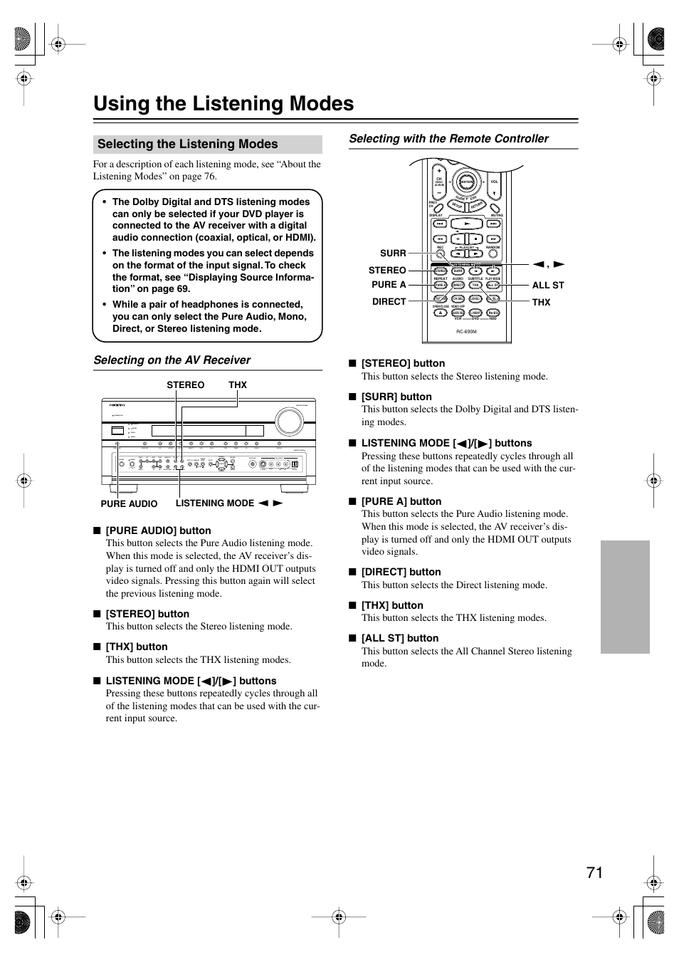 Using the listening modes, Selecting the listening modes, Enjoying the listening modes | Utton and indicator (71), Utton (71), Uttons (71), S (71), Selecting on the av receiver, Selecting with the remote controller | Onkyo TX SR805 User Manual | Page 71 / 120