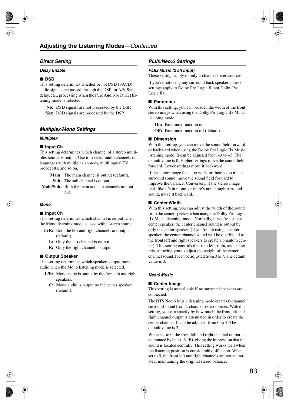 Adjusting the listening modes —continued | Onkyo TX SR805 User Manual | Page 83 / 120