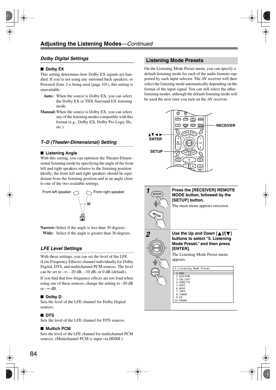 Listening mode presets, Adjusting the listening modes —continued, Dolby digital settings | T–d (theater-dimensional) setting, Lfe level settings | Onkyo TX SR805 User Manual | Page 84 / 120