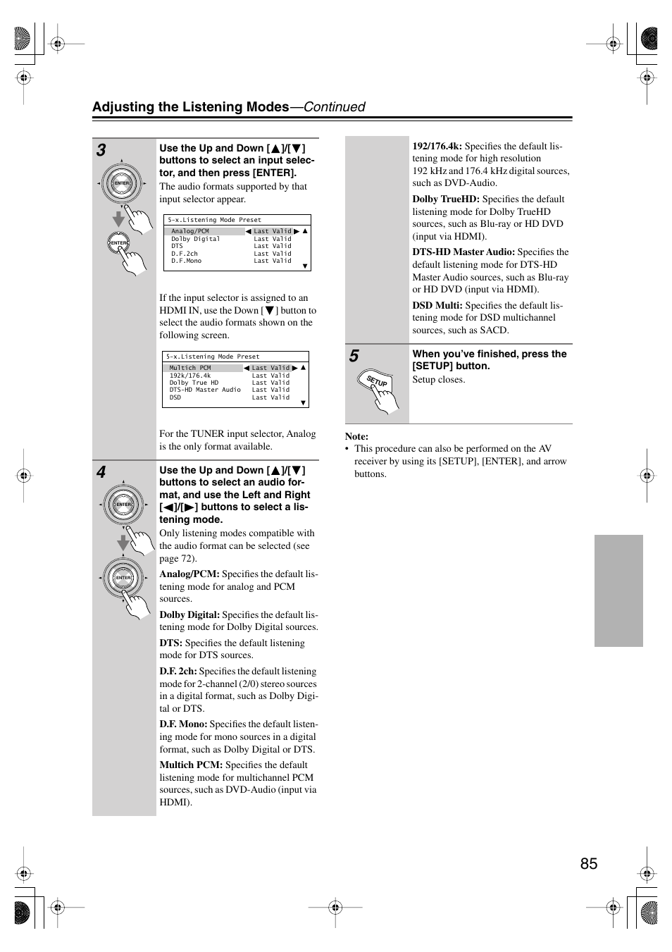 Adjusting the listening modes —continued | Onkyo TX SR805 User Manual | Page 85 / 120