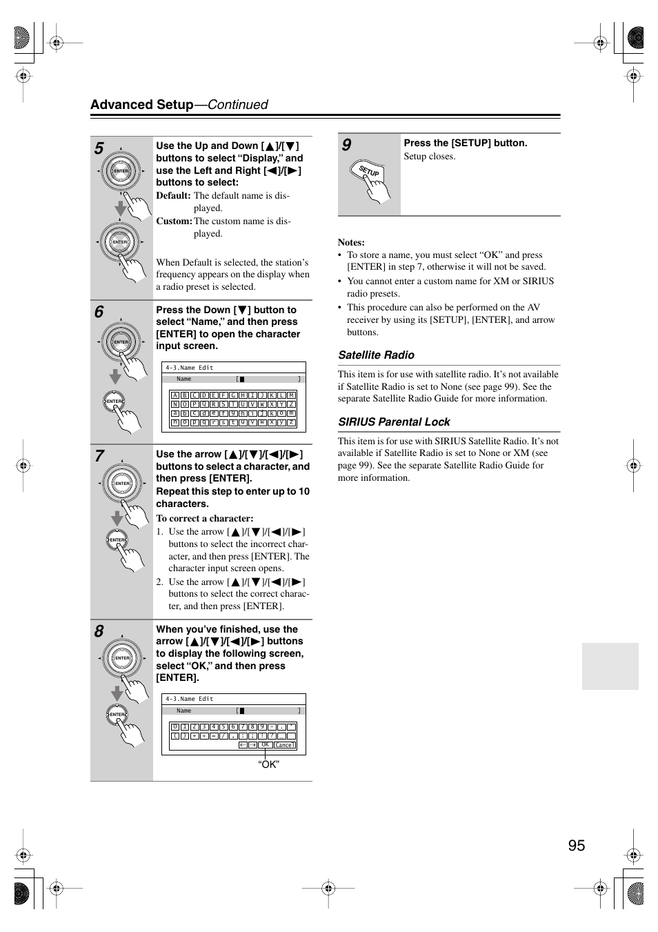Advanced setup —continued, Satellite radio, Sirius parental lock | Onkyo TX SR805 User Manual | Page 95 / 120