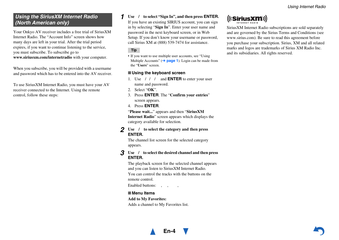 Using the siriusxm internet radio (north, American only) | Onkyo TX-NR515 User Manual | Page 100 / 140