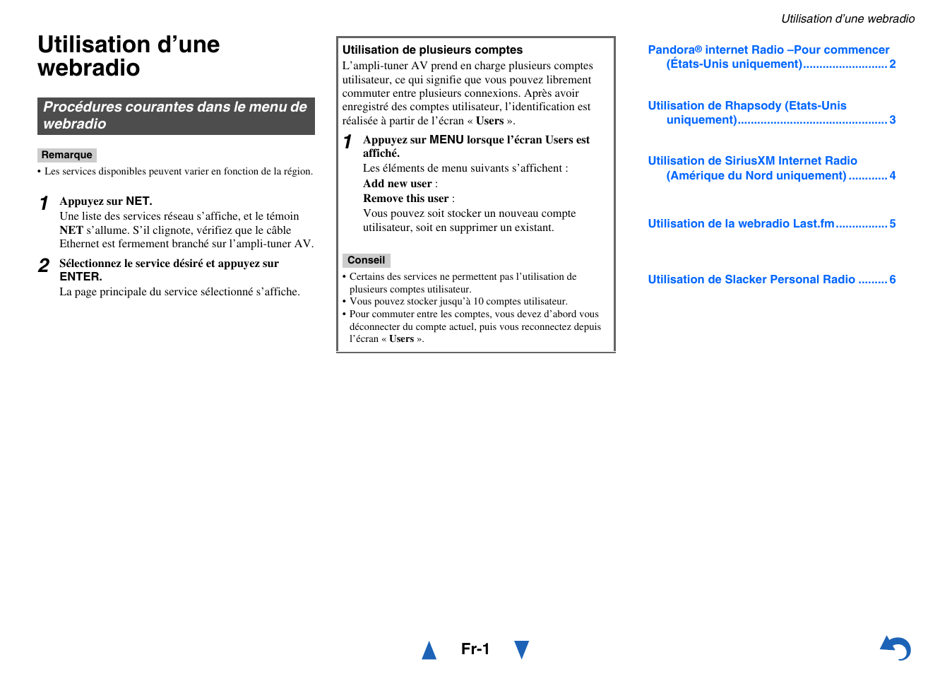 Utilisation d’une webradio, Procédures courantes dans le menu de webradio | Onkyo TX-NR515 User Manual | Page 103 / 140