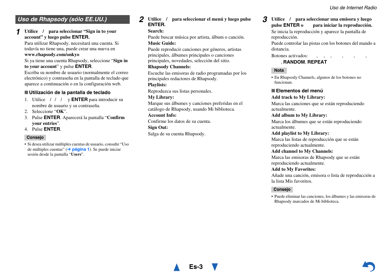 Uso de rhapsody (sólo ee.uu.), Es-3 | Onkyo TX-NR515 User Manual | Page 111 / 140