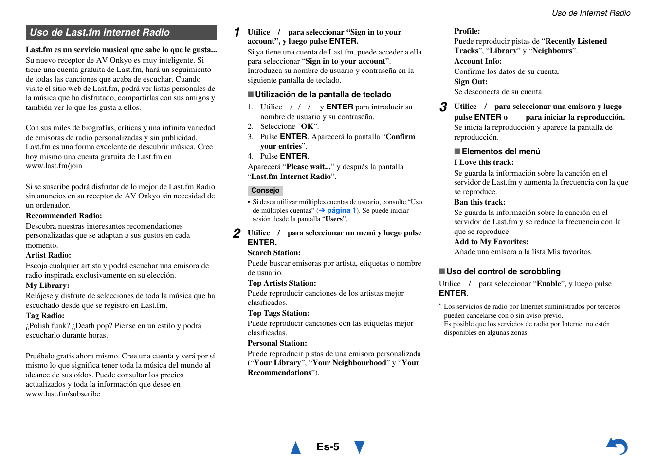 Uso de last.fm internet radio, Es-5 | Onkyo TX-NR515 User Manual | Page 113 / 140